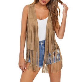 Dokotoo Womens Fall Fashion 2025 Cowboy Chic Fringe Vest 70s Theme Birthday Party Boho Hippie Costume Rodeo Club Night Cowgirl Western Bohemian Country Concert Outfits for Women Vests Khaki Large
