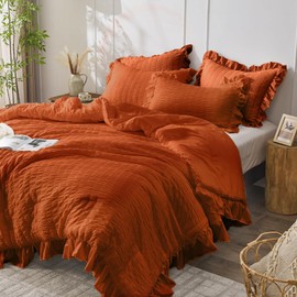 JOLLYVOGUE Comforter Full Size, 3 Pieces Seersucker Lightweight Full Size Bedding, All Season Fluffy Microfiber Bedding Comforter Set with 1 Ruffle Comforter and 2 Ruffle Pillowshams, Burnt Orange