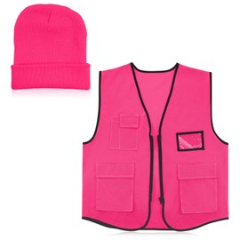 Jeere 2 Pcs Blaze Pink Hunting Vest and Hat Set Hunting Vest Hunting Hat for Adult Hunting Hiking Fishing(Knitted Hat)
