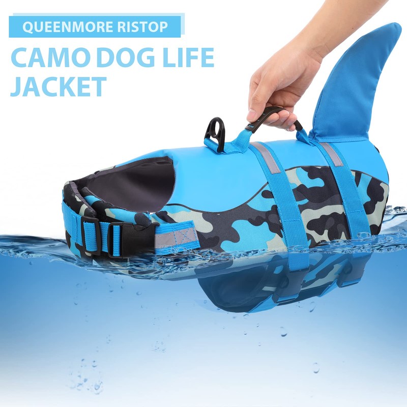 Queenmore Dog Life Jacket Ripstop Dog Shark Safety Vest Adjustable