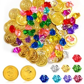 ASFWAGQ Set of 100 Pirate Gold Coins, 50 Pirate Coins with 50 Pirate Gemstones, Perfect for Pirate Decoration, Children's Birthday, Children's Pirate Treasure, Treasure Hunt