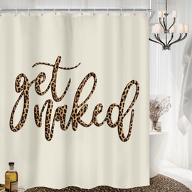 KOMLLEX Beige Get Naked Shower Curtain for Bathroom Decor 72Wx84H Inches Extra Long Funny Quotes Leopard Print Cheetah Modern Simple Women Men Fabric Waterproof Polyester 12 Pack Hooks Pack Hooks