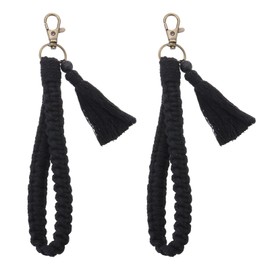 PATIKIL Boho Macrame Keychain with Tassel, 2 Pack Handmade Wristlet Bracelet Keychain Keyring Holder Key Wrist Lanyard for Women Girls, Black