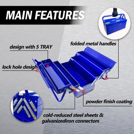 FITHOIST Metal Cantilever Tool Box, 3-Tier 5 Tray Fold Out Steel Tool Box with Handle, 18 inch Stack-able Portable Tool Storage Box Organizers Tool Chest for Household Factory Warehouse Repair Shop