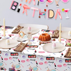 Makeup Party Tablecloth, 3Pcs (108'' x 54'') Spa Birthday Party Tablecloth Makeup Party Table Cover for Spa Birthday Party Decorations