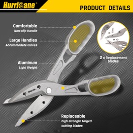 HURRICANE 12 Inch Aluminum Tin Snips with Replaceable Blades. Lightweight Straight Cutting Metal Cutters for HVAC, Sheet Metal & Vinyl Siding. Aluminum Tinner Shears with Large Handles