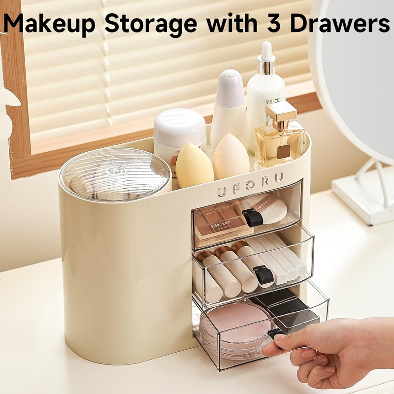 UFORU Makeup Organizer with Pop-Up Brush Holder for Dresser Vanity,