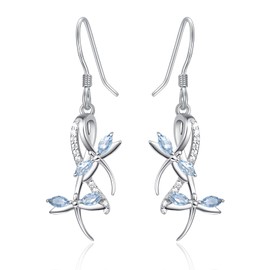 Blue Aquamarine Leverback Dangle March Earrings Dragonfly Fish Hook Earring for Women Fashion 925 Sterling Silver Hypoallergenic Jewelry