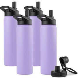 DOMICARE Insulated Water Bottle, 22 oz Vacuum Insulated Stainless Steel Reusable Sports Bottle with Straw Lid & Spout Lid for Travel, Camping, Bike, Leakproof, Purple, 4 Pack