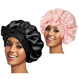 2PCS Silk Bonnet for Women, Satin Bonnet for Sleeping, Large Sleep Cap with Elastic Tie Band for Curly Hair (Pink+Black)