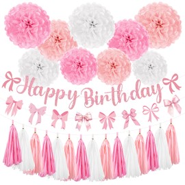 Pink Bow Birthday Party Decorations Coquette Birthday Decorations Include Pink Bow Happy Birthday Banner Pink Bow Garland Banner Paper Pom Poms Paper Tassel for Sweet Girl Birthday Party Decoration