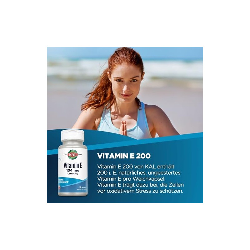 KAL E-200 D-Alpha Tocopherol 200 IU cápsulas blandas, 90 unidades