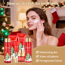 Gifts for Women 6 Pcs Skin Care Set Pomegranate Moisturize Soothe Hydrate Gifts for Teenage Girls Stocking Stuffers-Cleanser,Toner,Lotion,Face Cream,Eye Cream,Sleep Mask