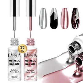 DAGEDA 2x12ml Metal Gel Liner Polish Nail Painting Gel, Silver & Rose Gold Nail Polish,Mirror Chrome Gel Polish Set Glossy Painted Build in Thin Brush, Drawing Lines UV Soak off Nail DIY Manicure