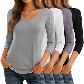 Ficerd 4 Pack Women's 3/4 Sleeve T Shirts, V Neck Casual Tunic Tops Loose Fit Cotton Shirts Solid Color Summer Tees(Black, White, Light Mixed Gray, Gray,Medium)