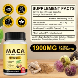 Organic Maca Root Black, Red, Yellow 1900 MG per Serving - 60 Vegan Capsules Pe