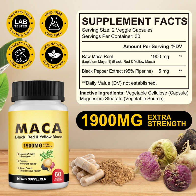 Organic Maca Root Black, Red, Yellow 1900 MG per Serving