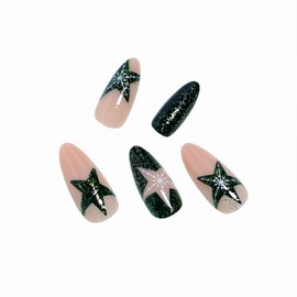 MERVF Almond Press on Nails Medium Fake Nails Dark Green Stiletto Glue on Nails with Star Design Acrylic Nails Press ons Glitter False Nails 24pcs Glossy