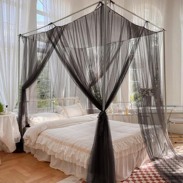 SZHTFX Black Mosquito Net for Double Bed 4 Corner Post Bed Canopy for Anti-Insect Hanging Bed Net for Single to King Size Bed for Outdoor or Indoor, Bedroom, Travel, Camping