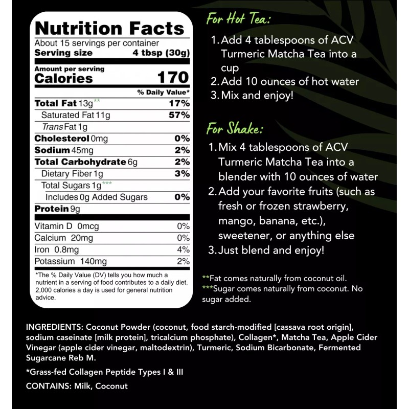 CAcafe Apple Cider Vinegar Turmeric Matcha Tea- With Coconut, Turmeric,