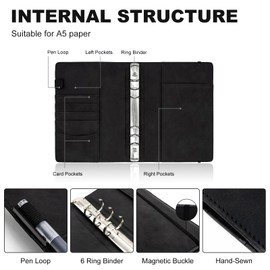 A5 Refillable 6 Ring Faux Leather Budget Binder,Mini Notebook Binder Cover for A5 Filler Paper,Loose Leaf Personal Planner Cover with Magnetic Buckle Closure(Black)