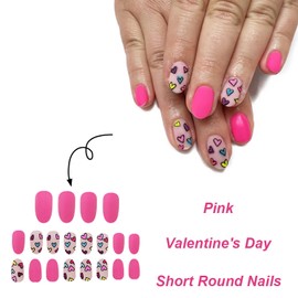 TBRZTR 24Pcs Valentine's Oval Coffin Nails Colorful Small Love Heart Press on Nails Short Cute Pink Stick on Nails Artificial Holiday Nails Matte Full Cover Acrylic Nails Glue on Nails for Women