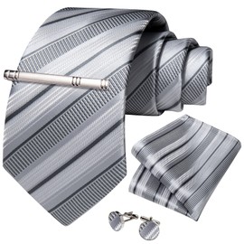 DiBanGu Silk Necktie, Wedding, Pocket Square, Tie Clip, Cufflinks Set, Gift Box Included, silver grey stripe