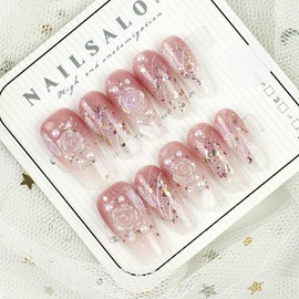 GIGIBO Nails #206 Nail Tips, Handmade, 10 Pieces, 3D Long, Medium Shell, Pearl, Sparkle, Pink, Popular, Stylish, Cute Design, False Nails