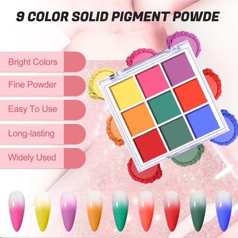 Nail Pigment Powder Palette, 9 Colors Gradient Solid Pigment Powder