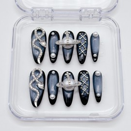 NLSJMP,10Pcs,Size M, 3D Handmade Long Stiletto Press on Nails Almond Ombre Acrylic Fake Nails Kit,Reusable False nails,Rhinestone Pearl Design Nail Art Kit,Include Toolkit,Snake