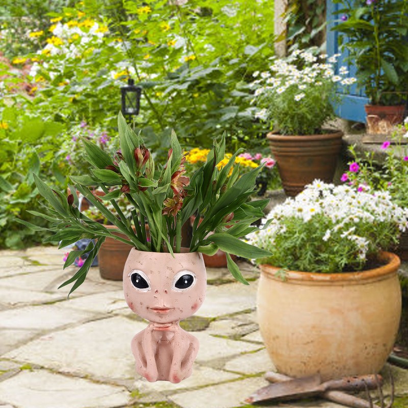 Head Planter Resin Unique Succulent Flower Pot Open Eyed Alien