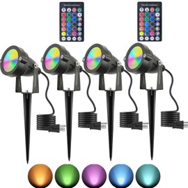 TENSUL Landscape Spotlight 10W LED Color Changing Outdoor Christmas Spot Lights Timer Remote IP65 Waterproof RGB Metal Case Spotlights with Stake Stand for Yard Garden Lawn Patio, 4 Lights