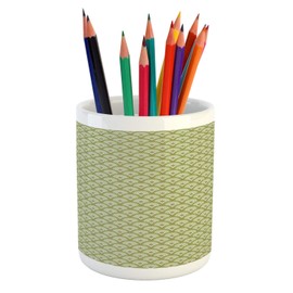 Ambesonne Mandala Pencil Pen Holder, Folkloric Geometric Circles Pattern Flowers Far Eastern Yoga Tradition, Ceramic Pencil Holder for Desk Office Accessory, 3.6" X 3.2", Pale Olive Green Ivory