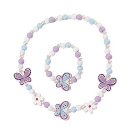 Azlanway Children's Jewellery Set 2 Pieces - Wooden Necklace & Bracelet with Butterfly Motif, Elastic Children's Jewellery for Girls, Colourful Accessories for Birthday, Party, Fancy Dress & Gift