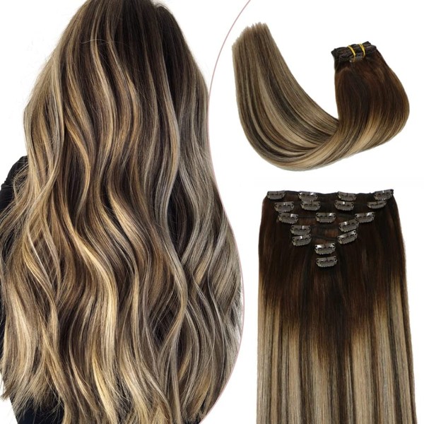 HUAYI Mushroom Brown Hair Extensions Real Human Hair Balayage 120g Ombre Chocolate Brown Caramel Blonde 16 Inch Ombre Hair Extensions Clip ins 7Pcs Soft Hair