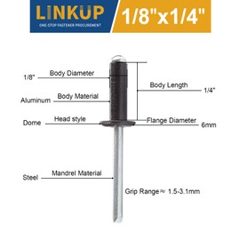 Linkup 350pcs pack 1/8" x 1/4" Black pop blind Rivets, 3.2mm x 6.4mm Black pop rivets,Aluminum Body Steel Mandrel Rivets (Black),Dome Head aluminum rivets