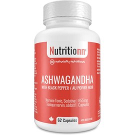 Ashwagandha Capsules by Nutritionn - 655 mg With Black Pepper for Optimal Absorption - Premium, Pure, and Natural Nervine Tonic and Sedative Supplement
