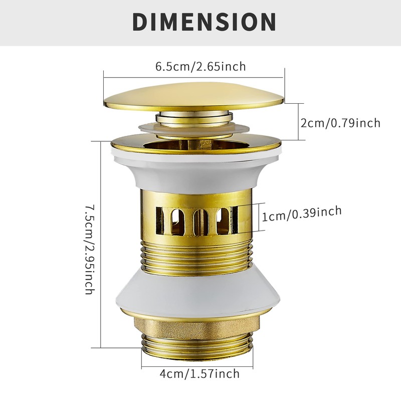 WOMAO Gold Sink Drain Fitting, Pop-Up Drain Valve with Overflow