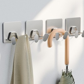 Adhesive Shower Hooks for Inside - Extra Sticky Stainless, Razor Holder Shower Accessories, Wall Mounted Self-Adhesive Double Hooks for Razor, Loofah, Towel, Shaver, Coat, Key, Silver, 4-Pack