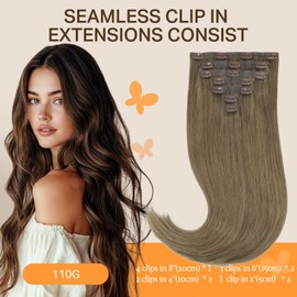 DOORES Seamless Clip in Hair Extensions Real Human Hair, Medium Light Brown 20 Inch 110g 7pcs, Human Hair Extensions Clip in Hair Extensions Remy Hair Straight Long Hair Extensions