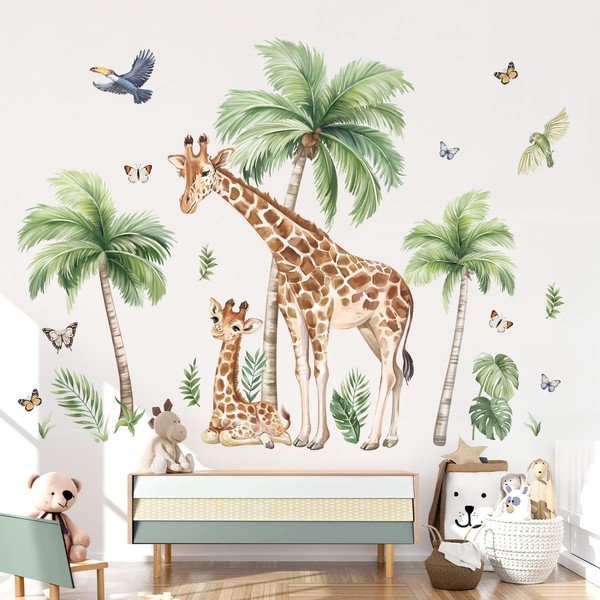 wondever Jungle Safari Animals Wall Stickers Large Palm Tree Giraffe