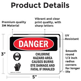 (2 Pack) Chlorine Hazard Area OSHA Danger Sign 5 Inch X 3.5 Inch Vinyl Label Decal Sticker Weather Resistant, UV Protected for Workplace, Business, and Construction Site, Made in the USA