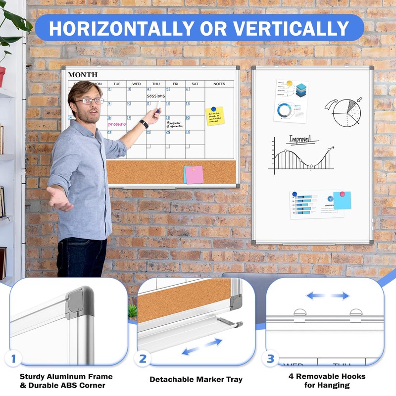 Monthly Calendar Whiteboard Dry Erase Cork Board Combo for Wall,