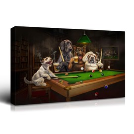 Denozer - Dogs Playing Pool Canvas Wall Art 48" Lx32 W, Funny Billiards Print, Bar Game Room Decor, Framed and Stretched Ready to Hang