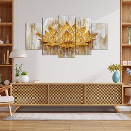 sechars 5 Piece Lotus Flower Wall Art Abstract Golden Floral Painting Canvas Prints Zen Artwork for Home Office Living Room Gold Decor Gallery Wrapp Ready to Hang (Large)