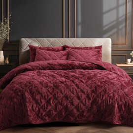 PHF Luxury Velvet Quilt Set Twin Size, Lightweight Velvet Comforter, Ultra Soft Cross Stich Quilted Bedding Set, Home Decor Bedspread 68" x 92"with 1 Pillow Sham 20" x 26", Wine Red