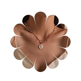 Allereya Gold Layered Paper Clip Chain Necklace Gold Coin Disc Necklace Portrait Coin Pendent Necklace Retro Round Coin Necklace Jewelry for women and Girls