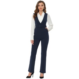 Allegra K Women's Work Office Overalls High Waisted Belted Sleeveless Long Suspenders Jumpsuit Large Dark Blue