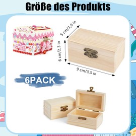 Aarcyye Mini Treasure Chest, Pack of 6 Treasure Chests, 9 x 6 x 5 cm, Mini Treasure Chest with Lid, Wooden Treasure Chest Small, DIY Small Wooden Box with Lid, for Painting and Crafts