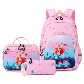 BEFUNIRISE School Backpack Kids Set Middle Elementary Preschool with Lunch Bag & Pencil Case Bookbags for Boys Girls (Mermaid-pink)